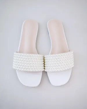Satin Slip on Sandals with Allover Pearls