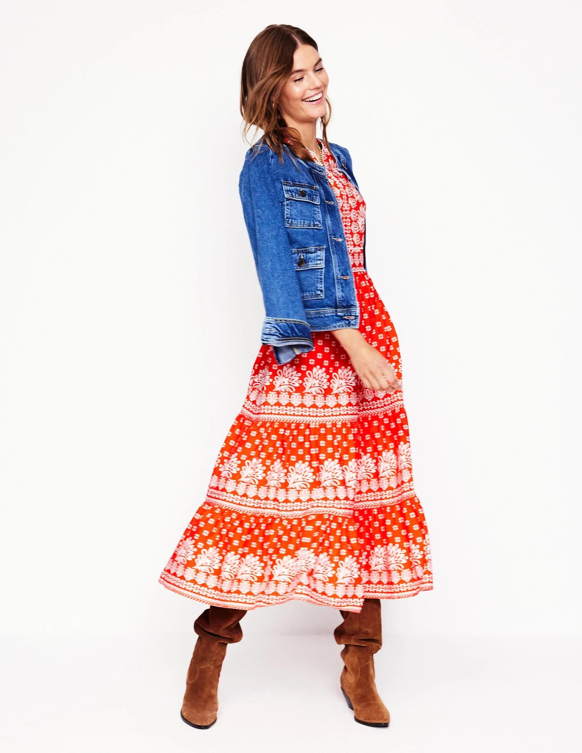 Violet Cotton Midi Dress-Firecracker Red, Palm Flora