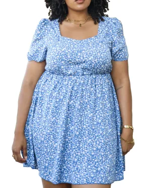 White Floral Print Swing Dress with Square Neckline | Blue