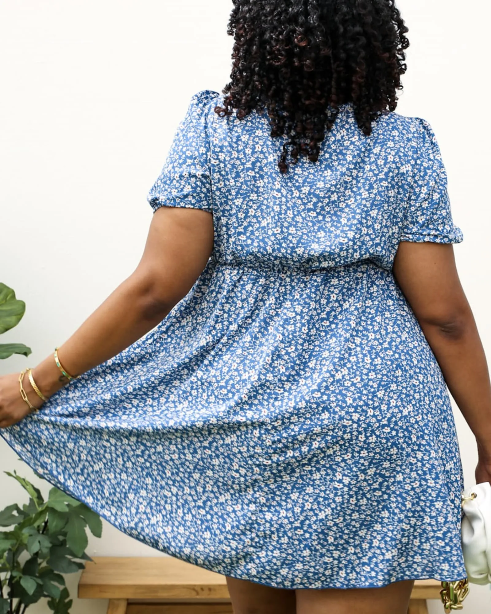 White Floral Print Swing Dress with Square Neckline | Blue