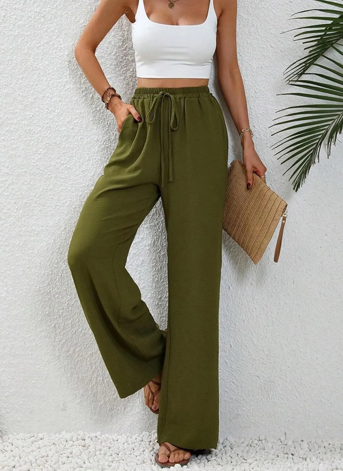 Women's Army Green Wide Leg Pants High Waist Drawstring Loose Fit Long Trousers with Pockets Casual Summer Beachwear