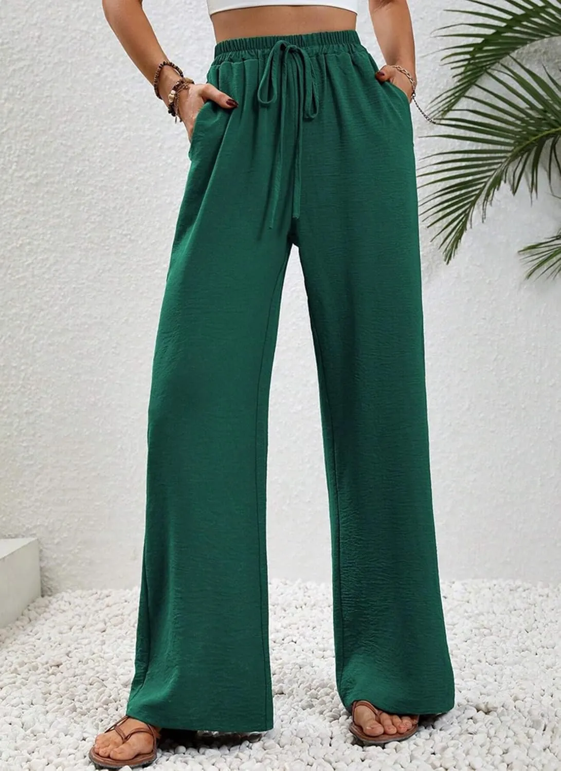 Women's Army Green Wide Leg Pants High Waist Drawstring Loose Fit Long Trousers with Pockets Casual Summer Beachwear