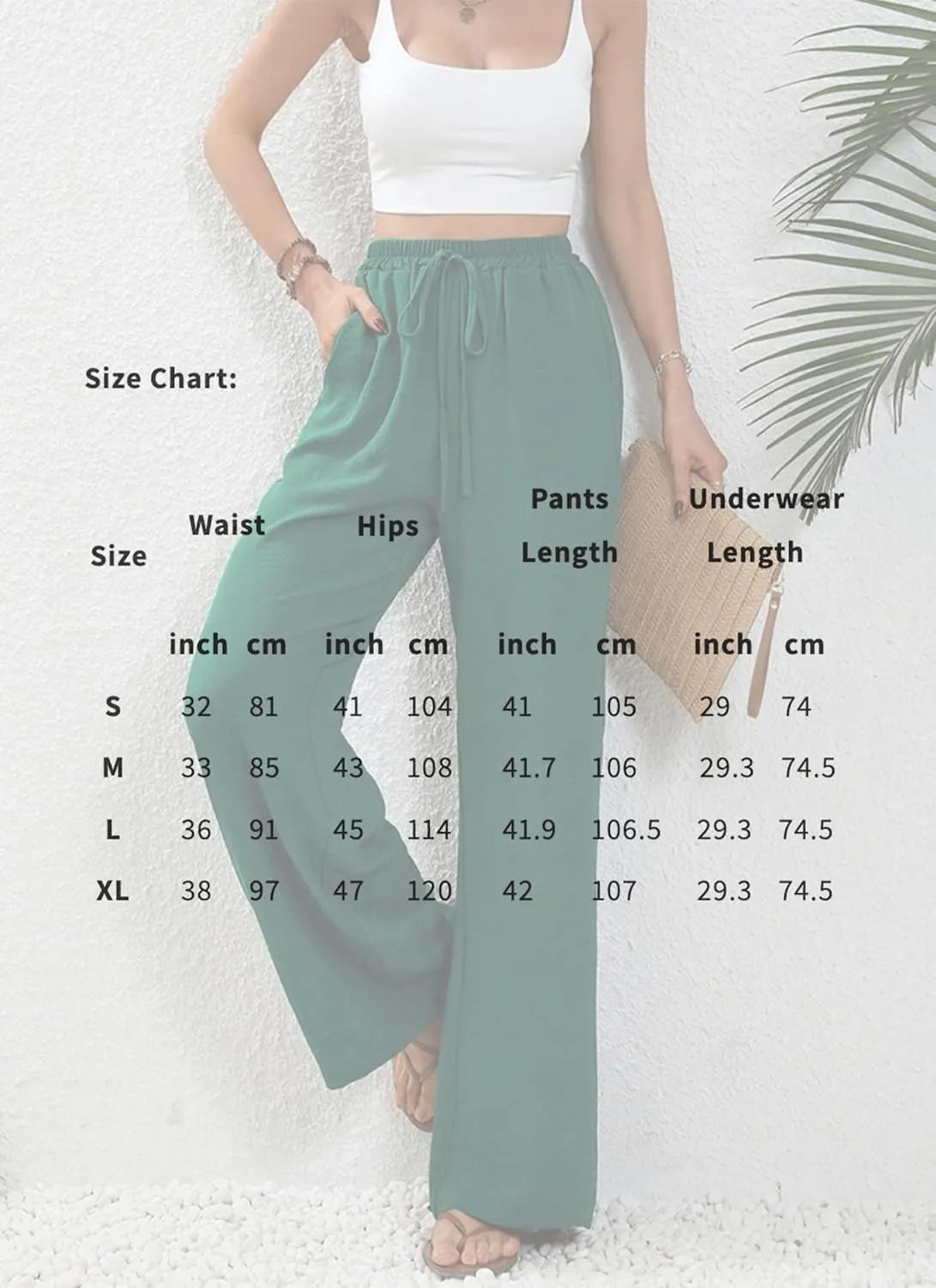 Women's Army Green Wide Leg Pants High Waist Drawstring Loose Fit Long Trousers with Pockets Casual Summer Beachwear
