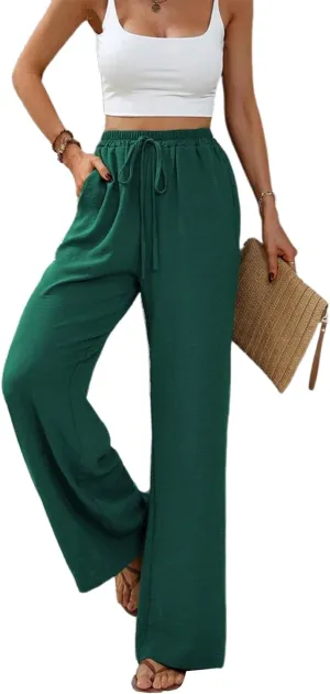 Women's Army Green Wide Leg Pants High Waist Drawstring Loose Fit Long Trousers with Pockets Casual Summer Beachwear